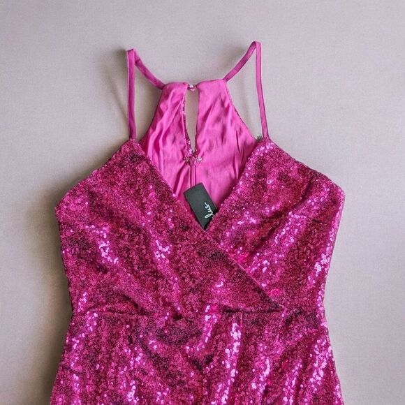 Lulus Sleeveless Hot Pink Hilaria Knit Sequin Mini Wrap Surplice Dress Women's M - Picture 7 of 11